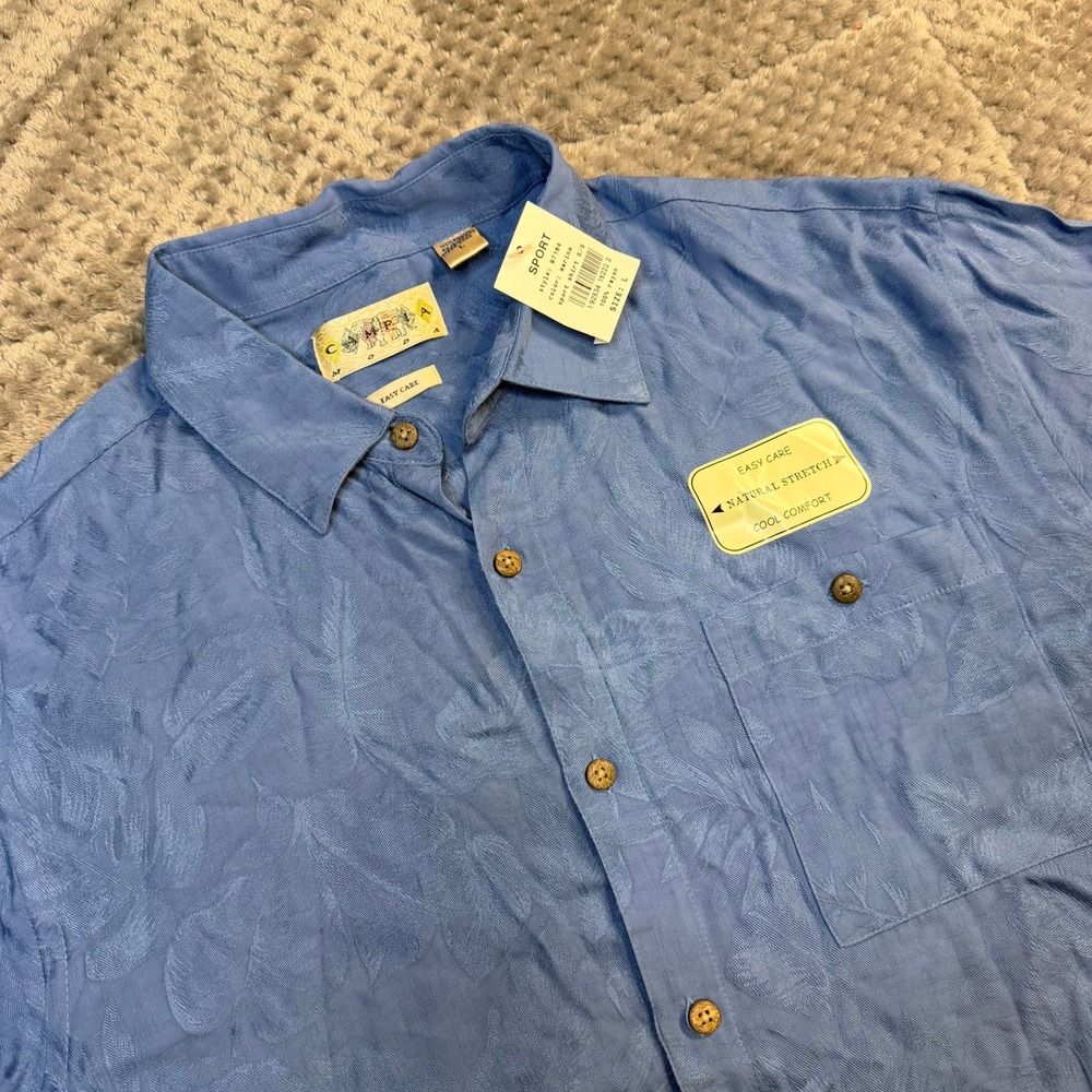Campia Moda Mens Short Sleeve Button Down Shirt Blue Jacquard Leaf Rayon Large